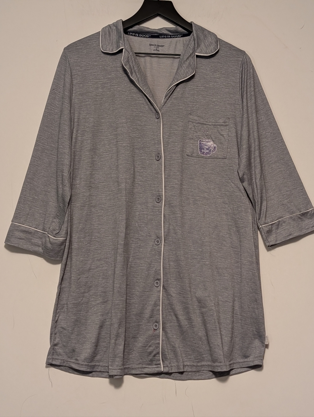 Life Is Good Sleep Gray Button Front Nightshirt Coffee Mug Pocket Large Pajama